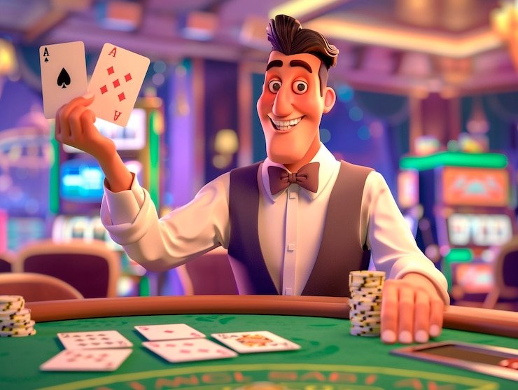 Antarmuka permainan Casino Hold'em di angribet dengan dealer langsung dan kartu komunitas terlihat jelas